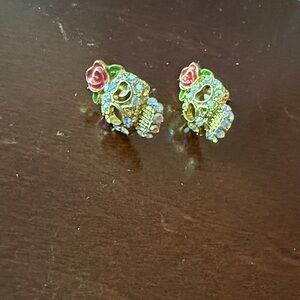 Gold Skull Earrings with Pink Rose Accents